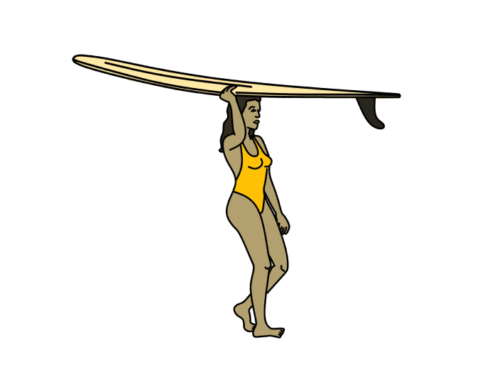 Girl holding surfboarding on hers head.